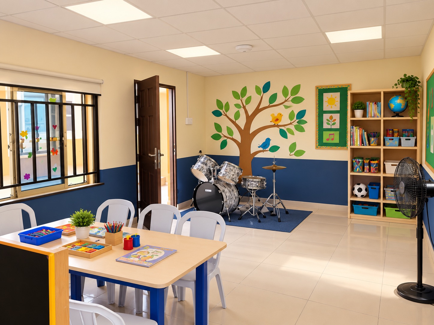 Bright activity classroom with learning materials and musical instruments